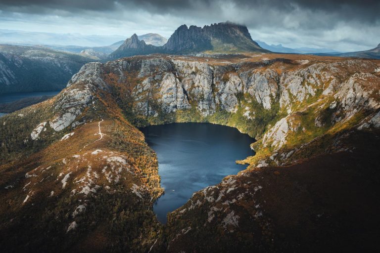 Aerial view of Crater Lake and Cradle Mountain on your Lap of Tasmania road trip